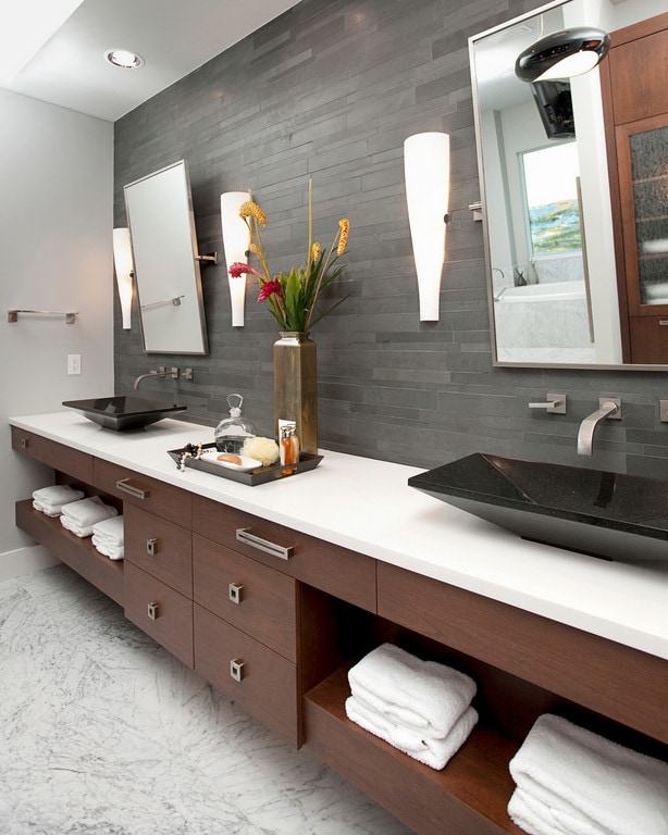 New construction bachelor pad master bath: modern beach home, thermostatic shower, carrera marble, faux floating vanity