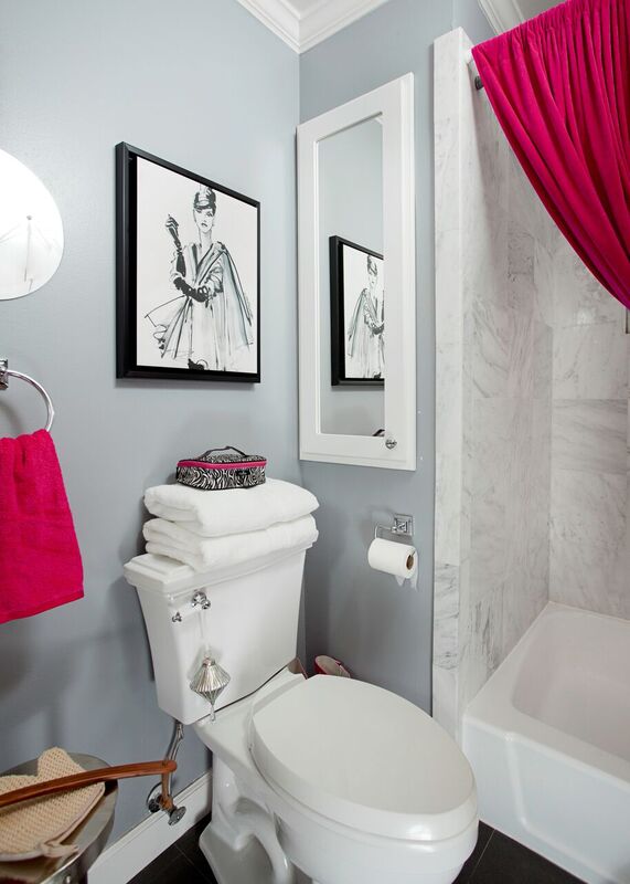 Girl's bathroom remodel, grey, white, black, hot pink, tiled shower
