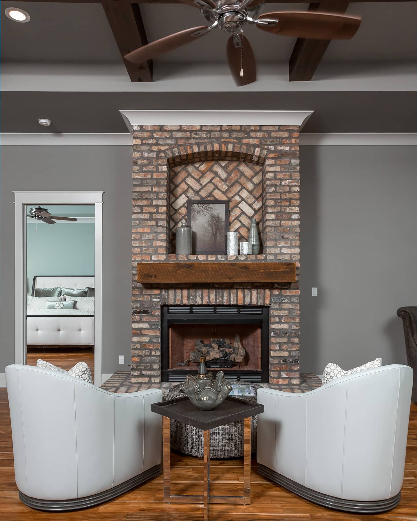 chairs, fireplaces, brick, newly constructed, traditional living, casual yet sophisticated, living space, custom home