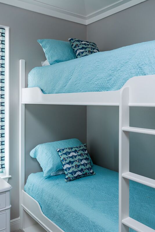 Coastal blue and white bedroom with bunk beds