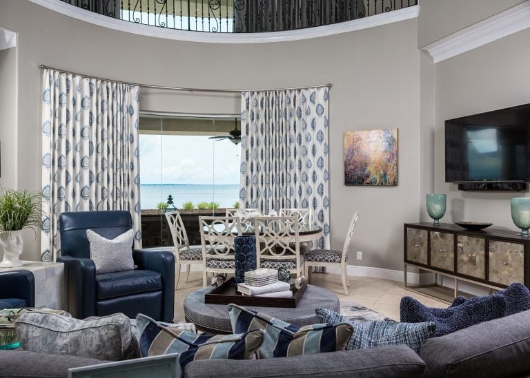 Living space for a busy family, living room, dining area, greys, blues, and sand tones