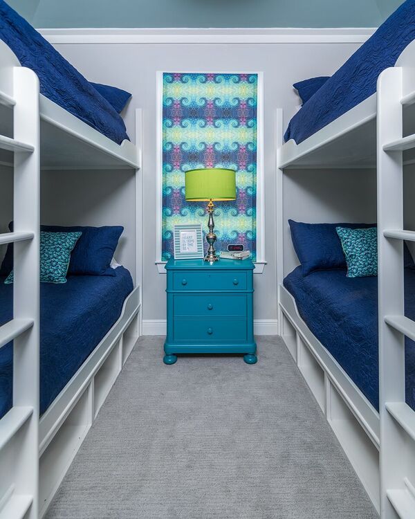 New construction coastal duplex, bedroom with bunk beds, blue and white, green and purple, window treatment
