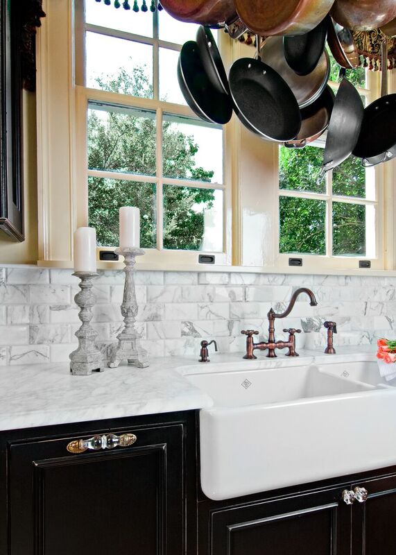 Historic Home in Old Mobile: Calcutta gold marble, main sink, dark cabinets