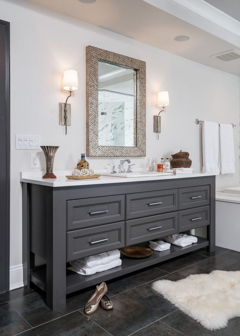 serene bathroom with faux fur rug grey bathroom cabinets silver frame mirro
