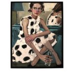 Artwork, original painting, woman on white dress with black spots original painting