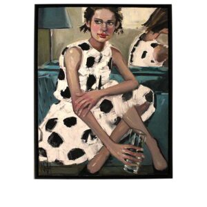 Artwork, original painting, woman on white dress with black spots original painting