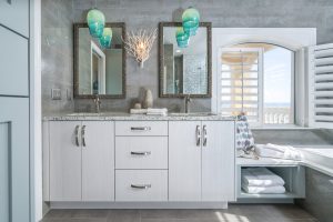 Neutral Colors with Blue pendants Coastal Bathroom Remodel in Pensacola Florida