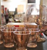 vintage gold flecked cocktail pitcher and glasses