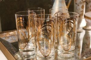 set of gold highball glasses, gold abstract glassware, set of vintage glasses