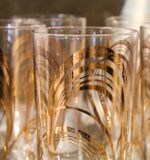 set of gold highball glasses, gold abstract glassware, set of vintage glasses