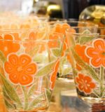 vintage culver glassware orange flowers low ball, vintage orange glassware, vintage orange flower glass, vintage lowball, culver glassware