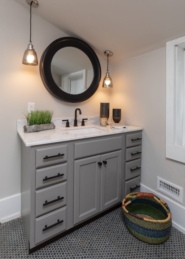 Grey Bathroom Vanity Scandinavian Cottage Design - Bathroom Remodel - Penny tile - Sconce - Mirror