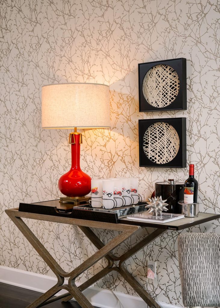 red lamp on a bar with wall paper