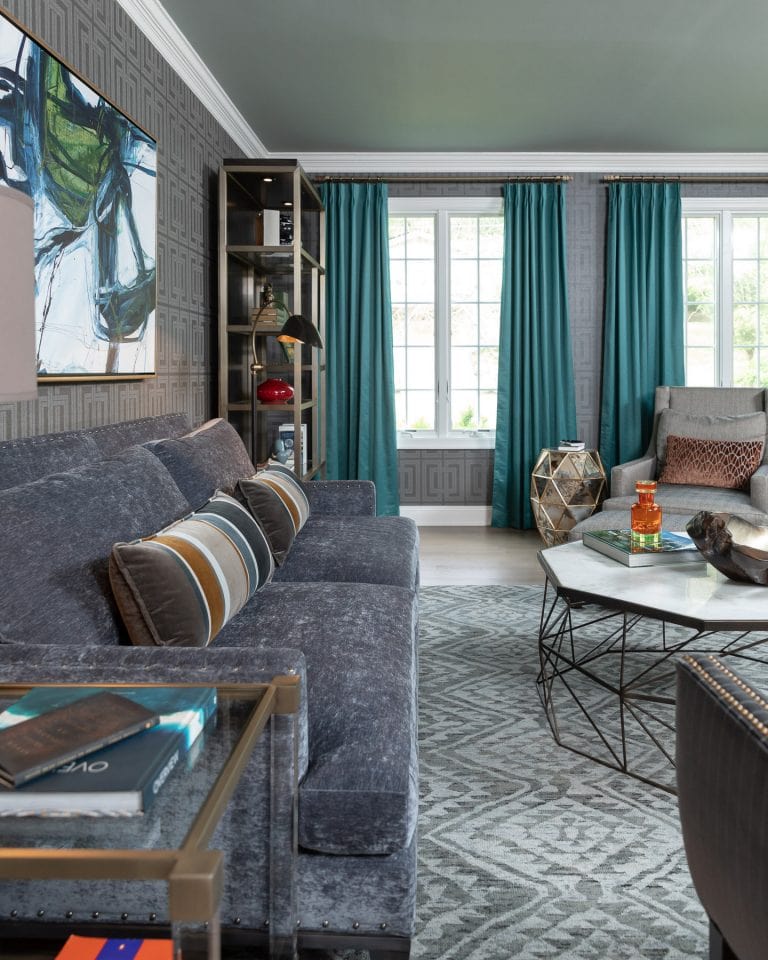 Colonial Living Room Makeover, New Jersey - Grasscloth wallpaper, teal curtains, velvet sofa, original art and dark furniture