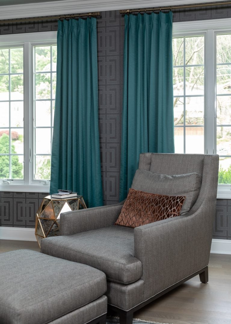 Colonial Living Room Makeover, New Jersey - Grasscloth wallpaper, teal curtains, silver side table and grey accent chair