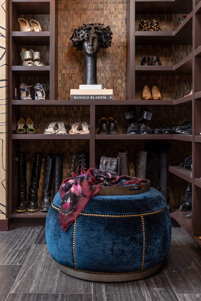 Custom shelves, plush ottoman