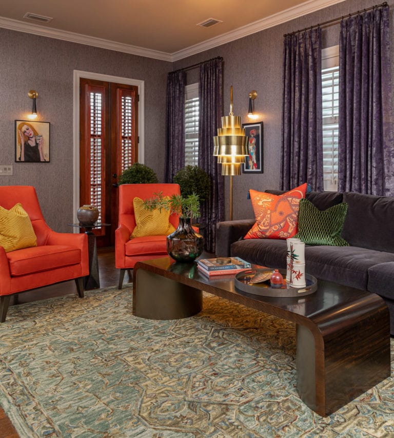 Coral Leather lounge chairs, purple velvet sofa, unique lighting