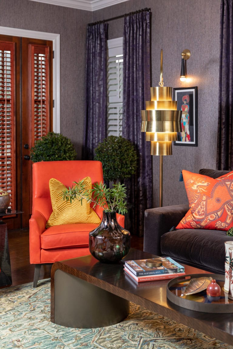Modern Floor Lamp, Leather Lounge Chair, Purple velvet sofa