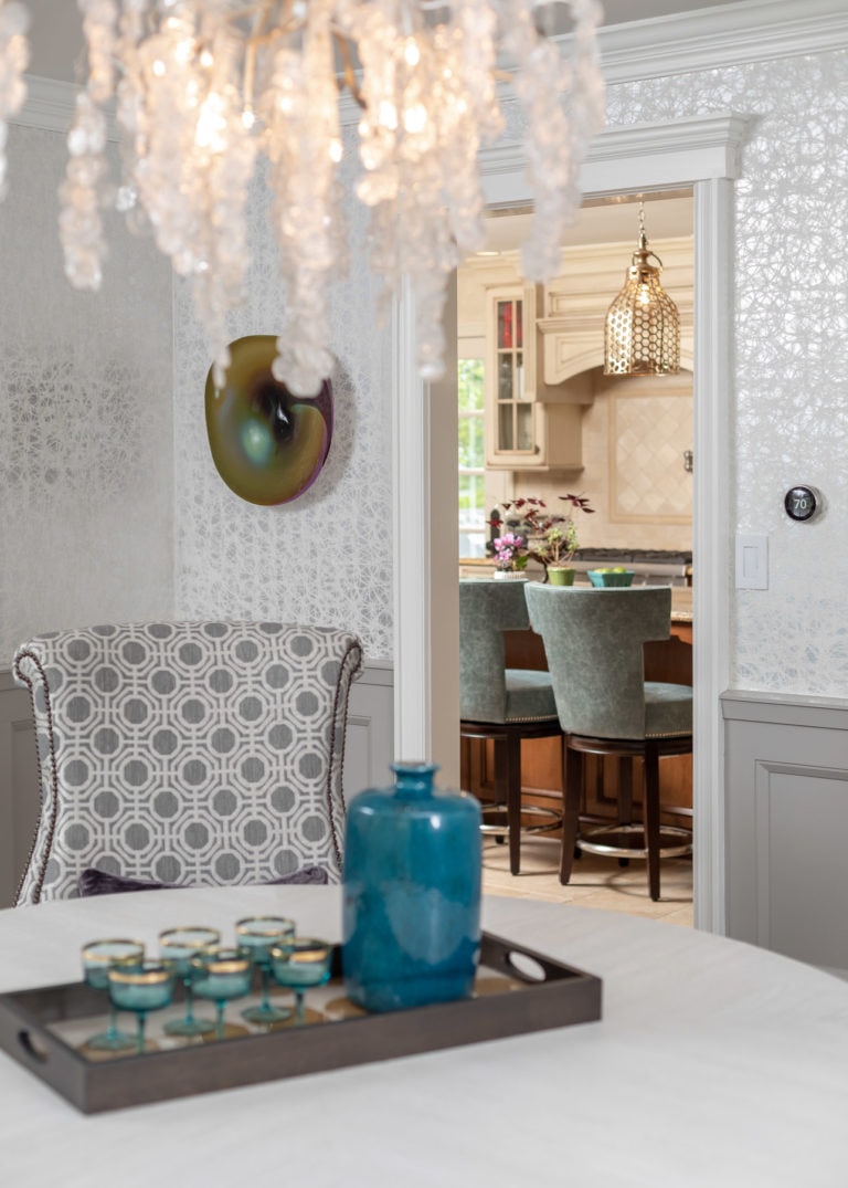 colonial dining room remodel, rodeo by benjamin moore, grey dining room, dining room ideas, new jersey home, grey accent chair, grey accent bench, original art, glam chandelier, organic chandelier