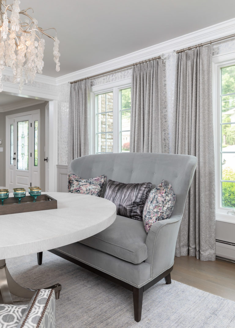 colonial dining room remodel, rodeo by benjamin moore, grey dining room, dining room ideas, new jersey home, grey accent chair, grey accent bench