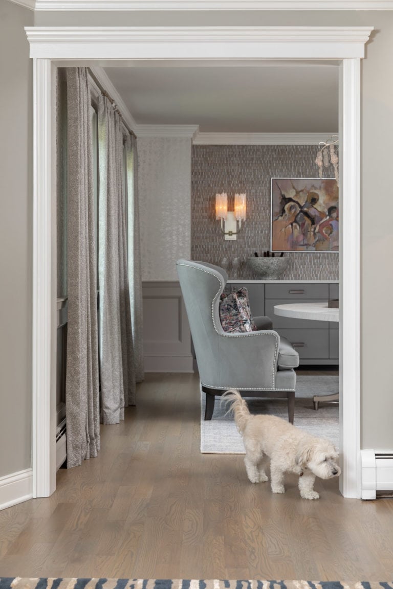 colonial dining room remodel, rodeo by benjamin moore, grey dining room, dining room ideas, new jersey home, grey accent chair, grey accent bench