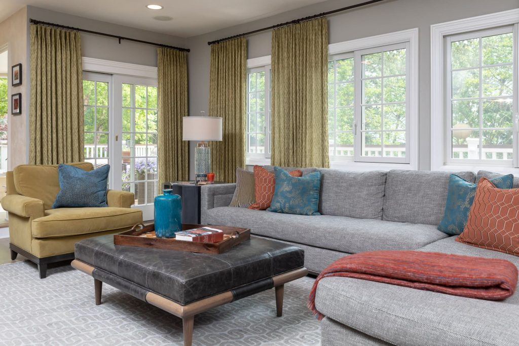 Family Room Remodel, Family Room idea, leather ottoman, citron accent chair, grey sectional