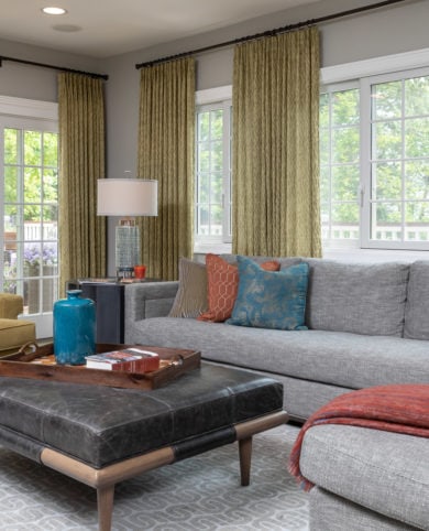 Family Room Remodel, Family Room idea, leather ottoman, citron accent chair, grey sectional