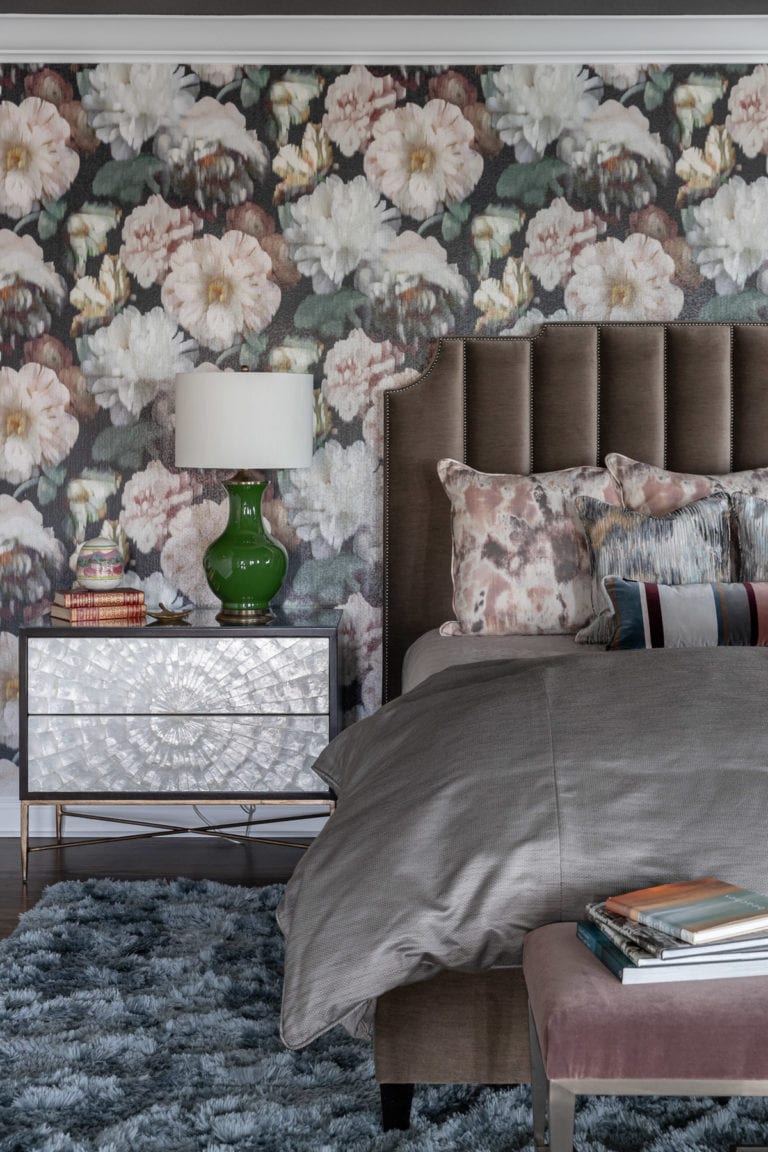 Beautiful Primary Bedroom, Bold Pattern, Floral Wallpaper, Custom Bedding