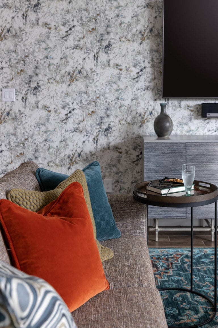Custom pillows, neutral Modern Sofa, bold wallpaper