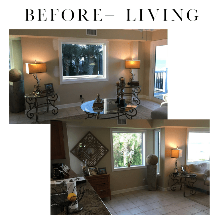 Before and After coastal condo remodel living room on pensacola beach florida in detail interiors
