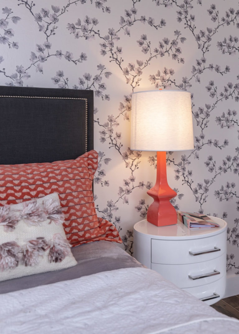 Custom Bedding, Colorful Table Lamp, Patterned Wallpaper