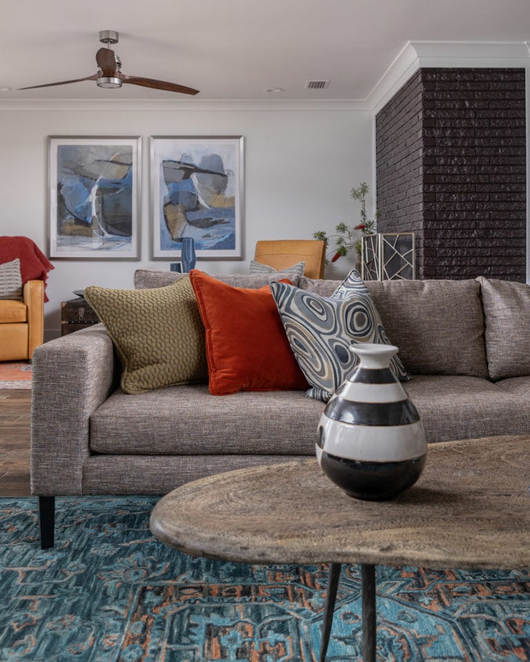 Neutral Modern Sofa, Colorful Throw Pillows, Modern Art