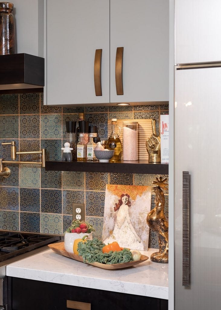 Kitchen counter styled with vintage sasha brastoff rooster and other kitchen accessories.