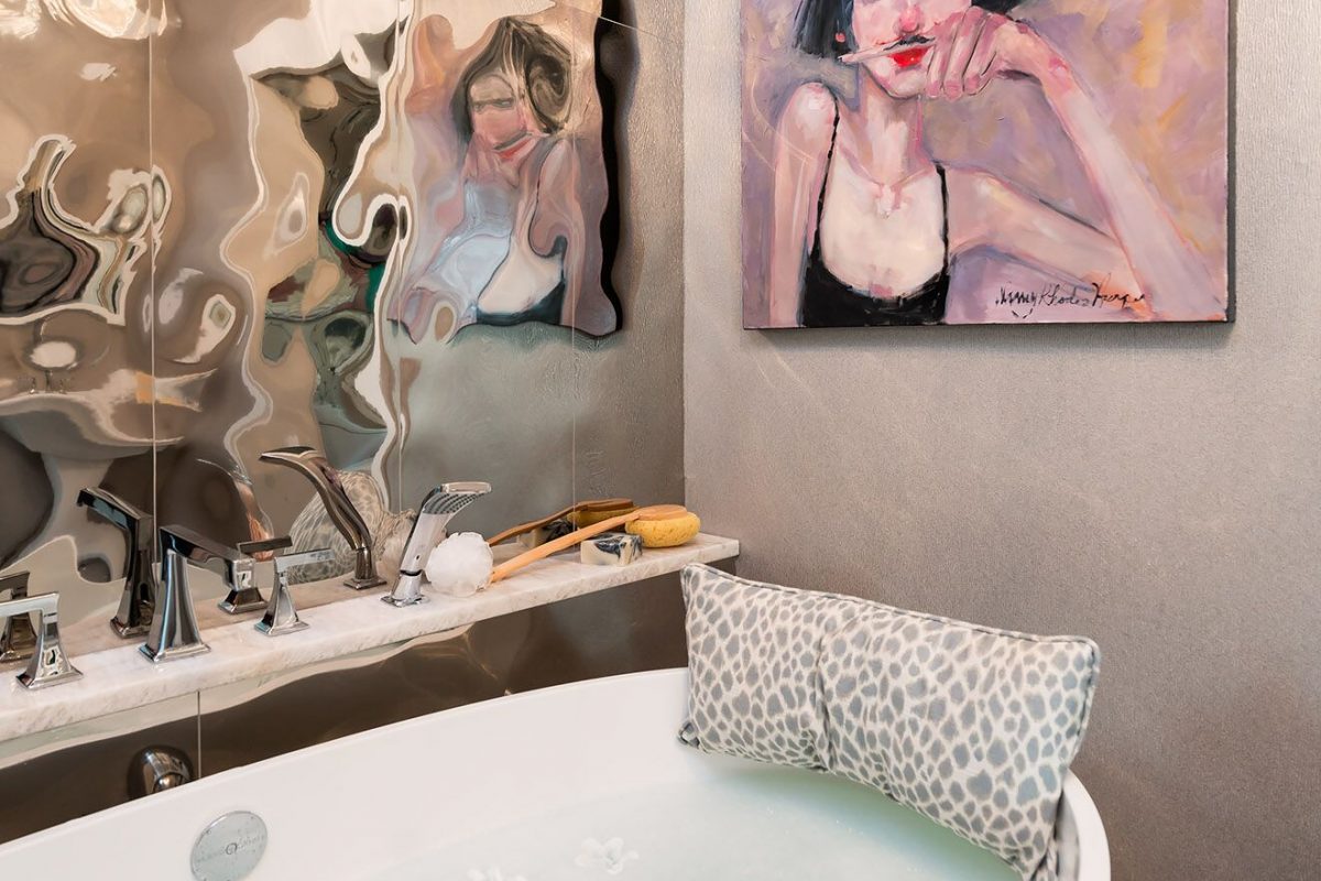 Glamorous Bathroom, mirrored walls original art Nancy Rhodes harper stand alone tub - Bathroom Remodel Pensacola Florida